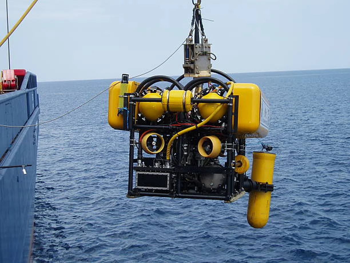 ROV deployed from a vessel — TrackDyne acoustic positioning in operation